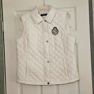 Ralph Lauren Black Label Womens Quilted Puffer Vest Crest Patch Ivory L EUC